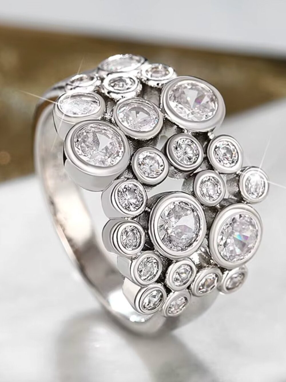 NEW 14k White Gold Chunky Diamond Ring Bezel Diamond Statement Ring